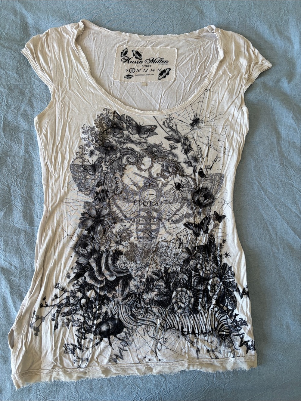 Karen Millen Cream Graphic Scoop Neck Cap Sleeve Tee